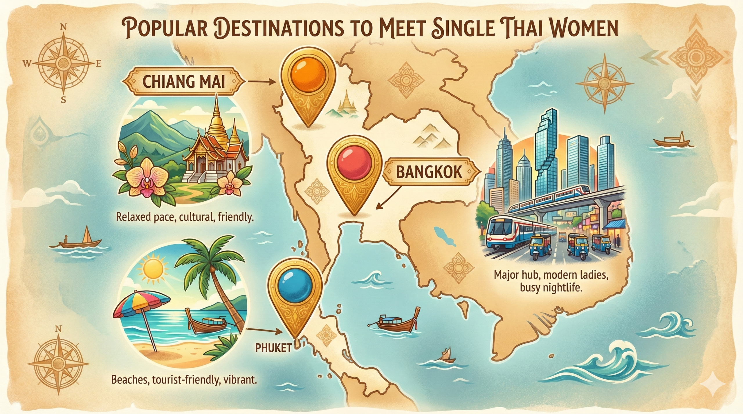 Map of popular destinations to meet single Thai women: Chiang Mai, Bangkok, Phuket