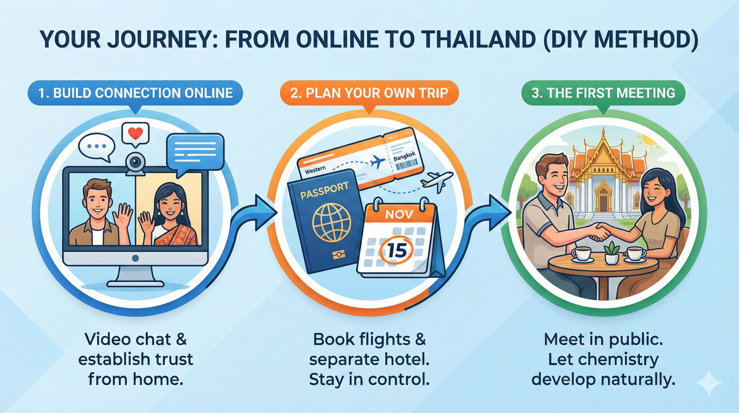 A happy Western man meeting a Thai woman in Thailand