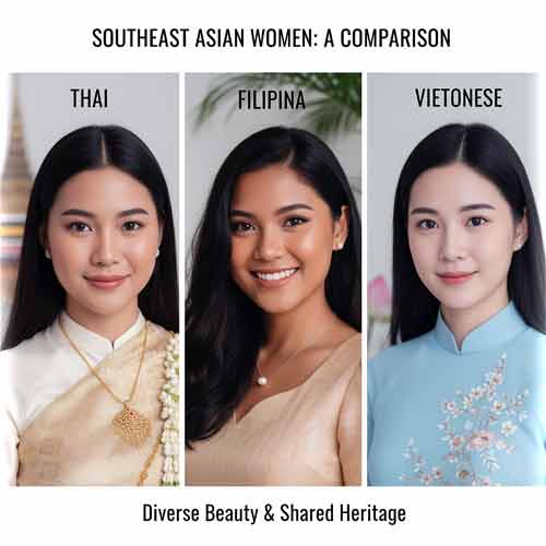 A comparison image showing a Thai, Filipina, and Vietnamese woman