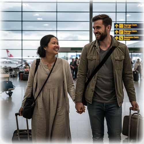 Thai wife and European husband at an airport in Europe, marking the start of her integration.