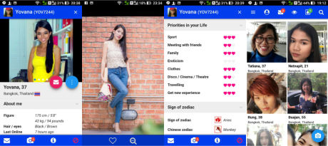 Screenshots of the ThaiKisses mobile app interface and profiles